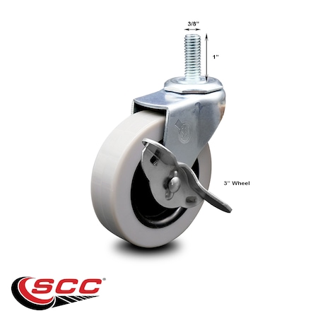 Service Caster 3 Inch Polyurethane Wheel 3/8 Inch Threaded Stem Caster with Brake SCC SCC-TS05S310-TPUS-SLB-381610